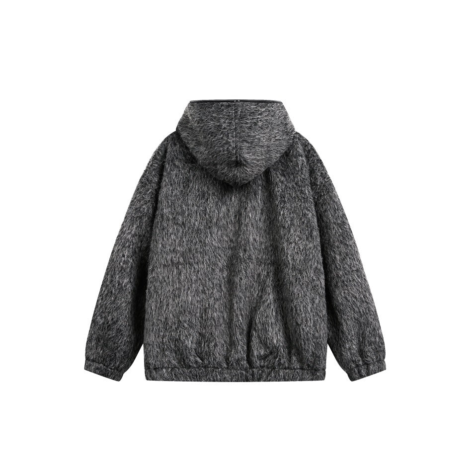 Back view of a dark gray fuzzy hooded jacket with long sleeves and a straight hem on white.