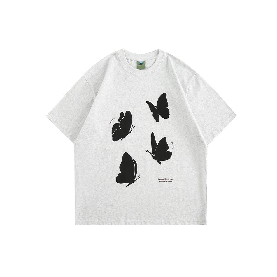 Light heathered gray short-sleeve T-shirt with four black butterfly silhouettes printed on the front