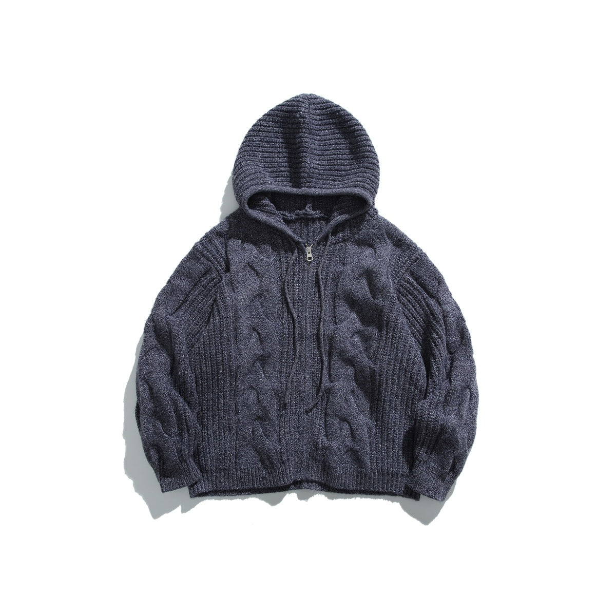 Navy cable-knit zip-up hooded sweater with drawstrings, flat lay on white background