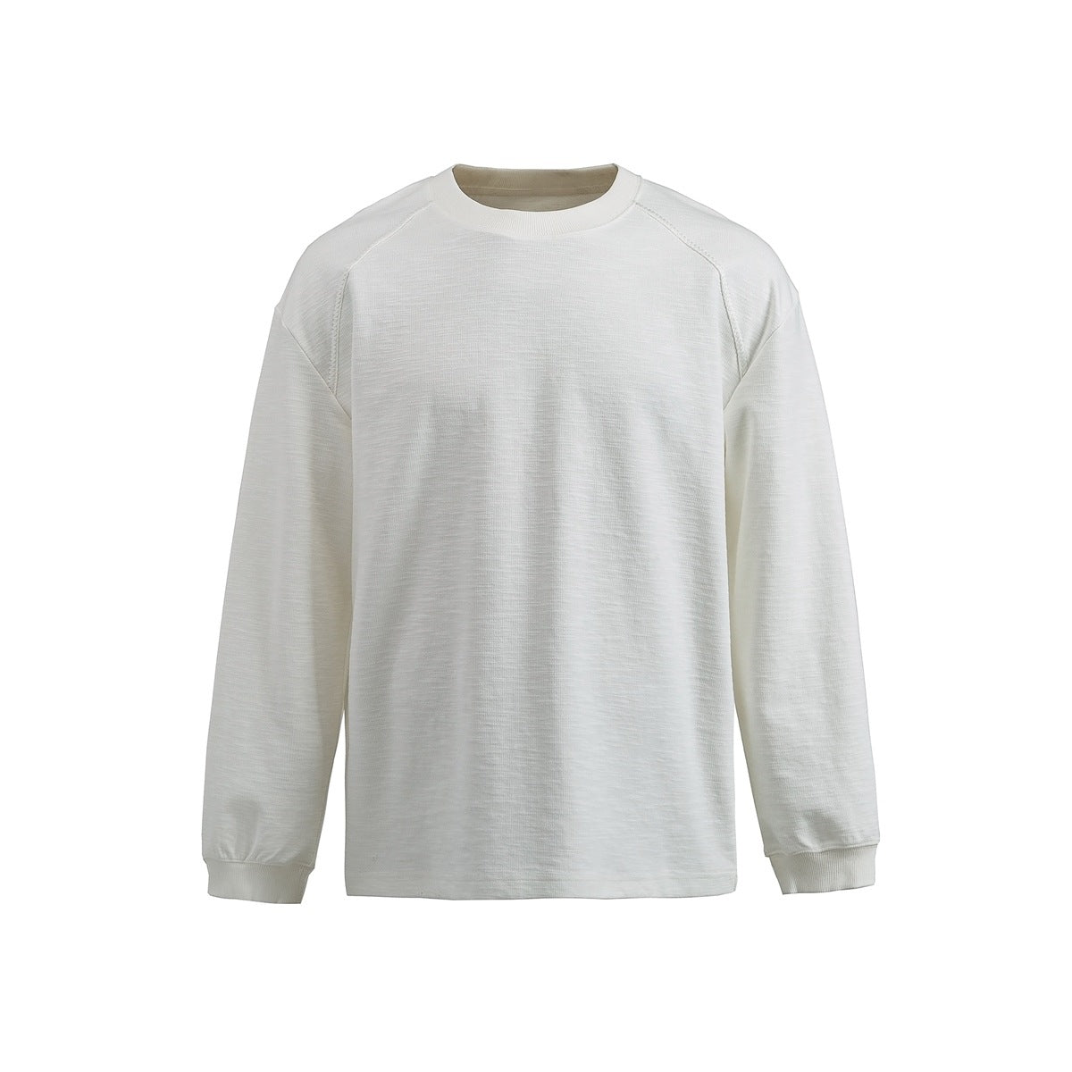 White crew-neck long-sleeve raglan pullover with ribbed collar and cuffs, flat front view on a plain background