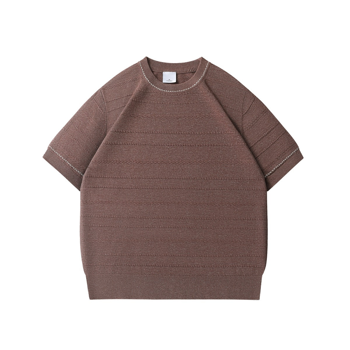 Brown short-sleeve knit top with textured horizontal stripes, ribbed crew neck and light contrast stitching, flat lay