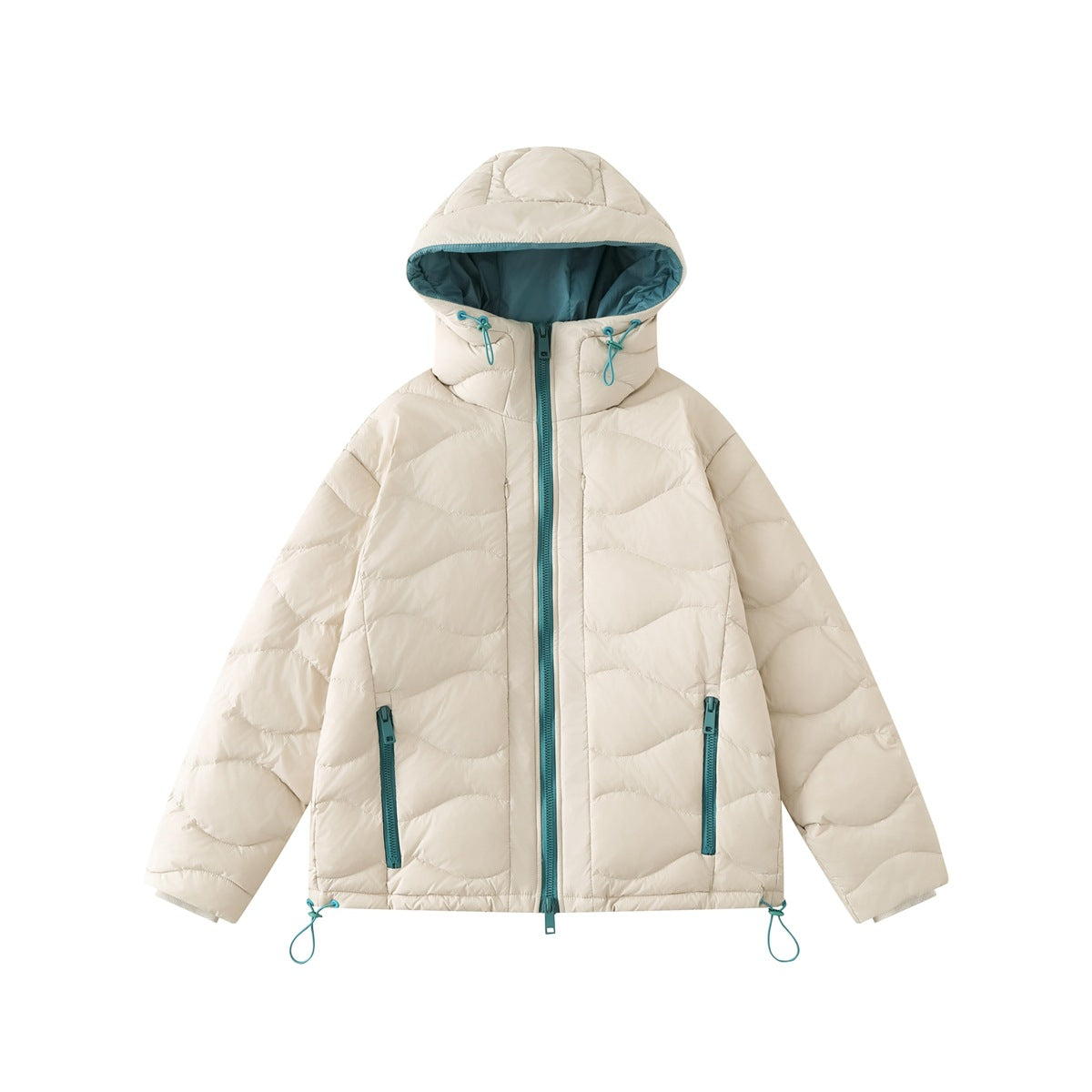 Beige quilted hooded puffer jacket, front view, with teal zipper, drawcords and teal-lined hood