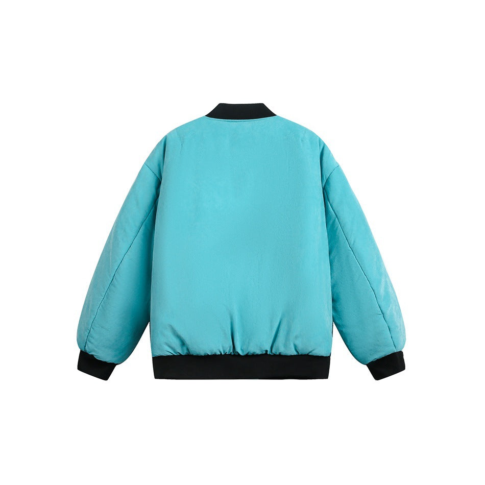Back view of a turquoise bomber jacket with black ribbed collar, cuffs and hem, shown flat.