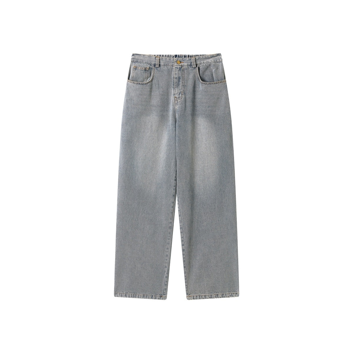Light faded blue wide-leg jeans flat lay, front view with button fly, belt loops and five-pocket styling