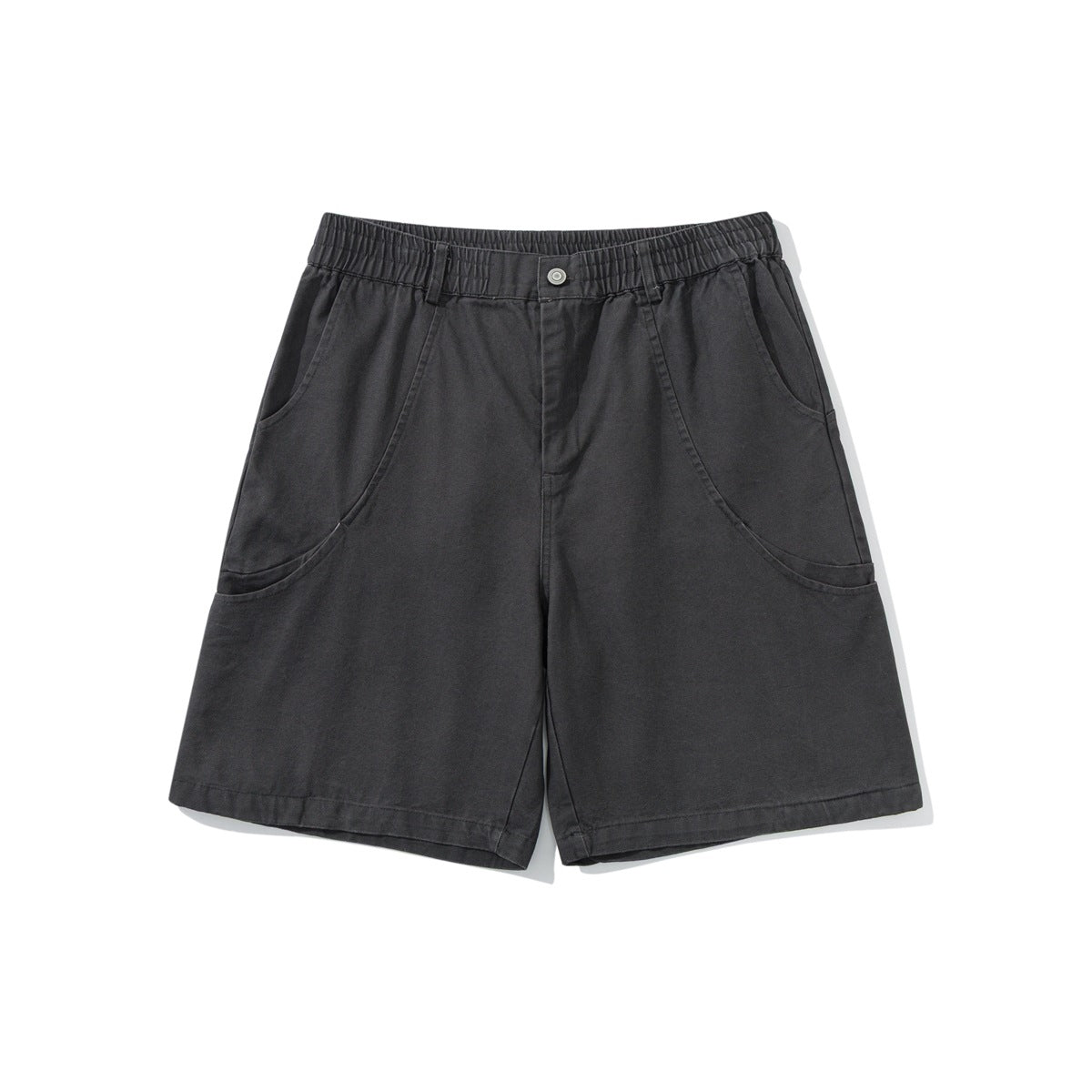 Black-gray washed knee-length shorts with elastic waistband, center button and curved front pockets, flat lay front view