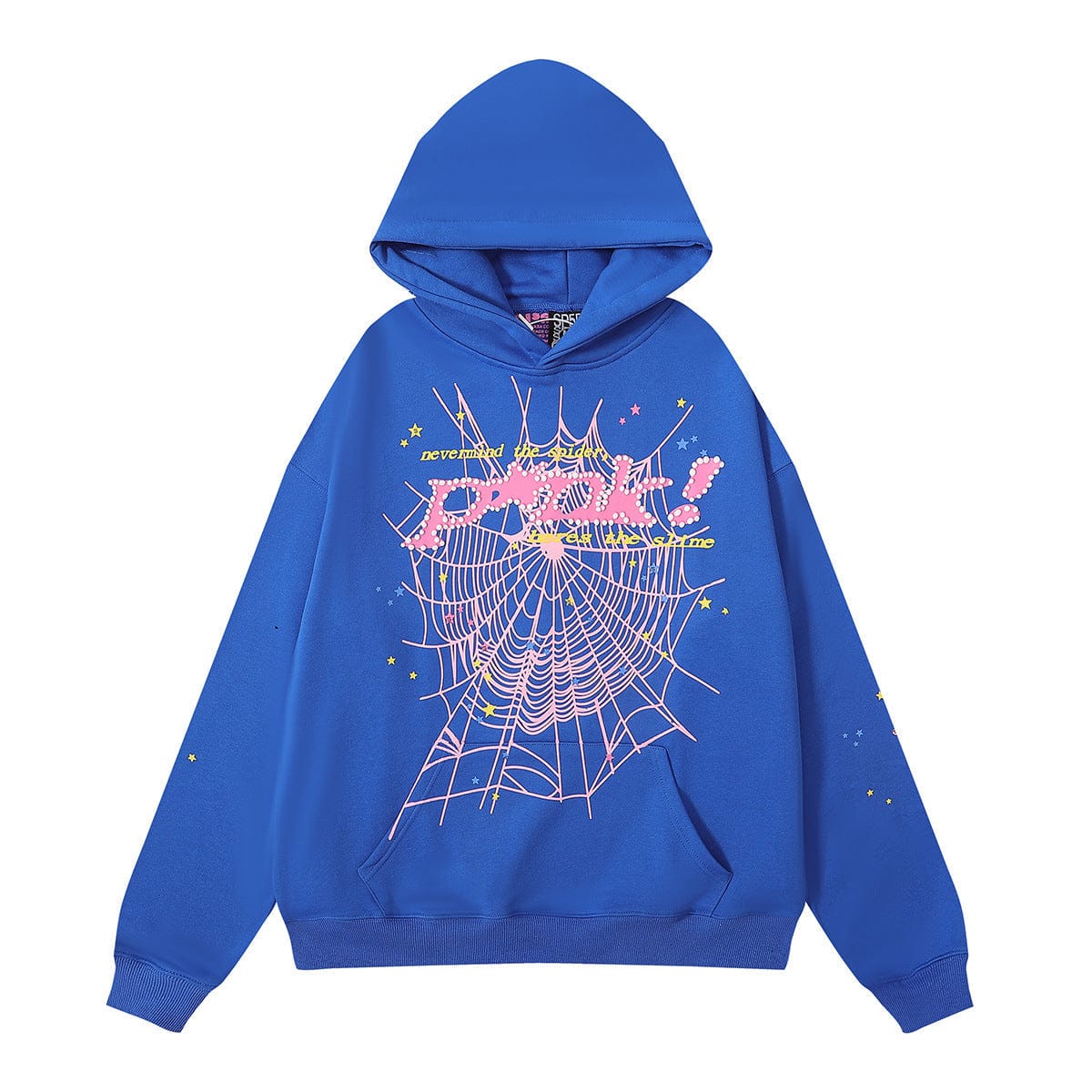 The Sp5der “P!nk! Nevermind the Spark” Hoodie in royal blue is a 440GSM heavyweight pullover featuring a bold pink and white spiderweb graphic with "punk!" text and yellow star accents for standout Y2K streetwear style.