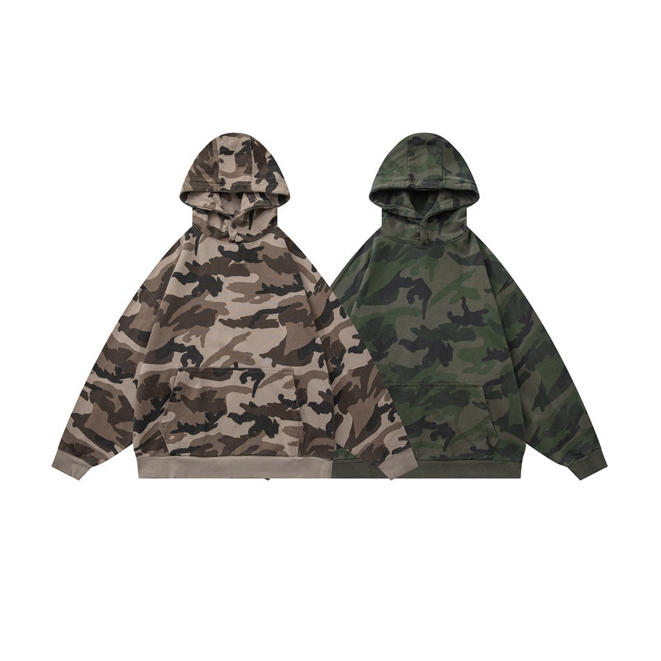 Two hoodies shown from the front: one in tan camouflage and one in green camouflage.