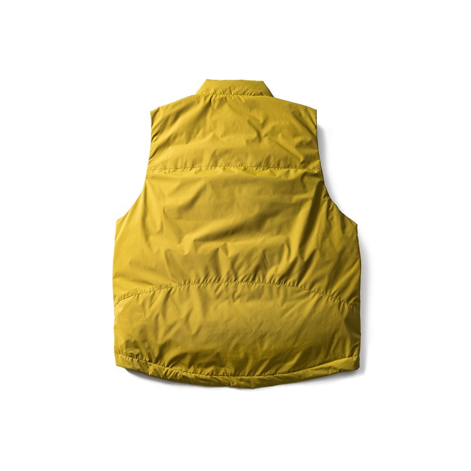 Mustard-yellow sleeveless vest shown flat from the back, with curved horizontal seams and a high collar.