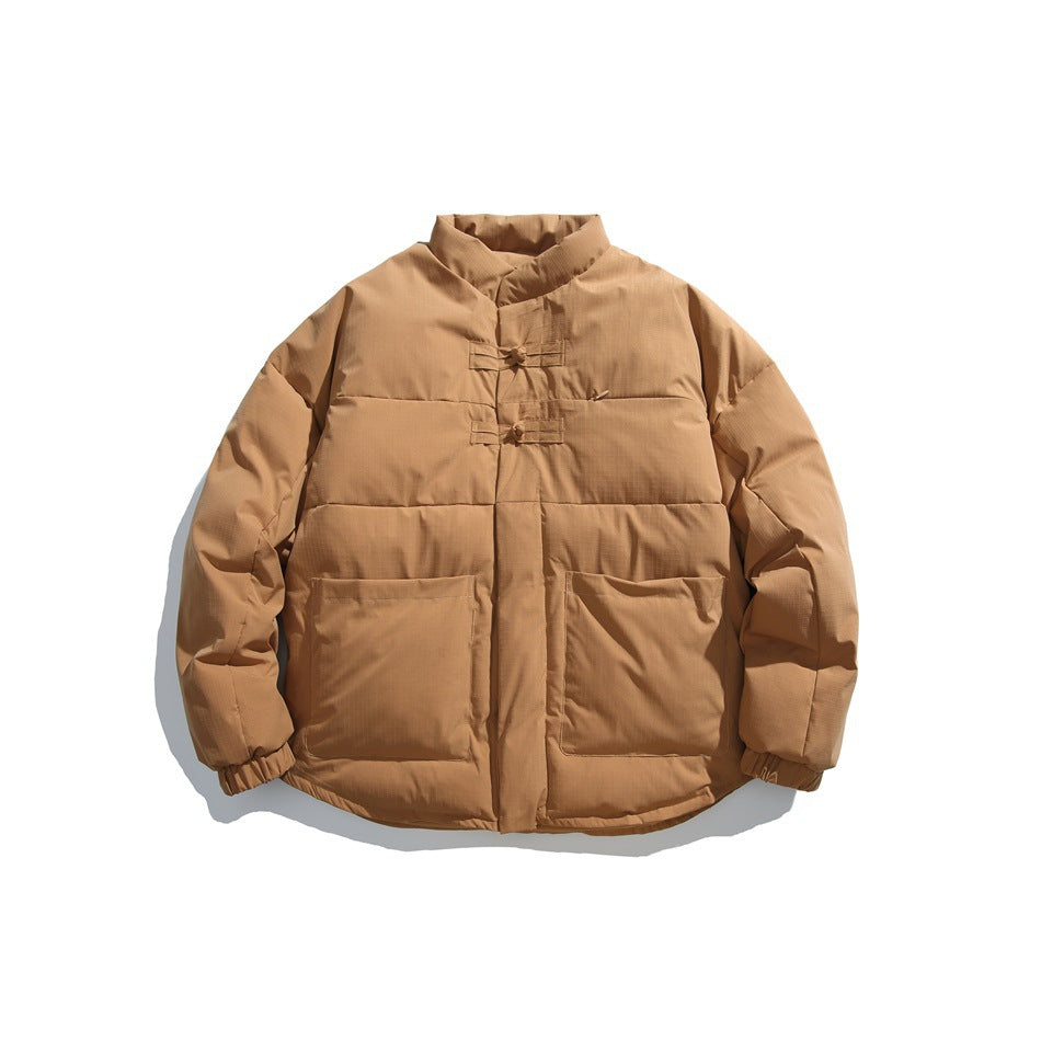 Camel brown stand-collar quilted puffer jacket with frog knot fasteners and patch pockets, front flat lay