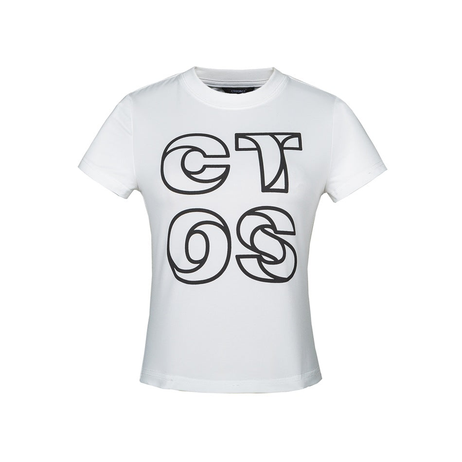 White short-sleeve crew-neck T-shirt with a black stacked outline-letter graphic, flat front view