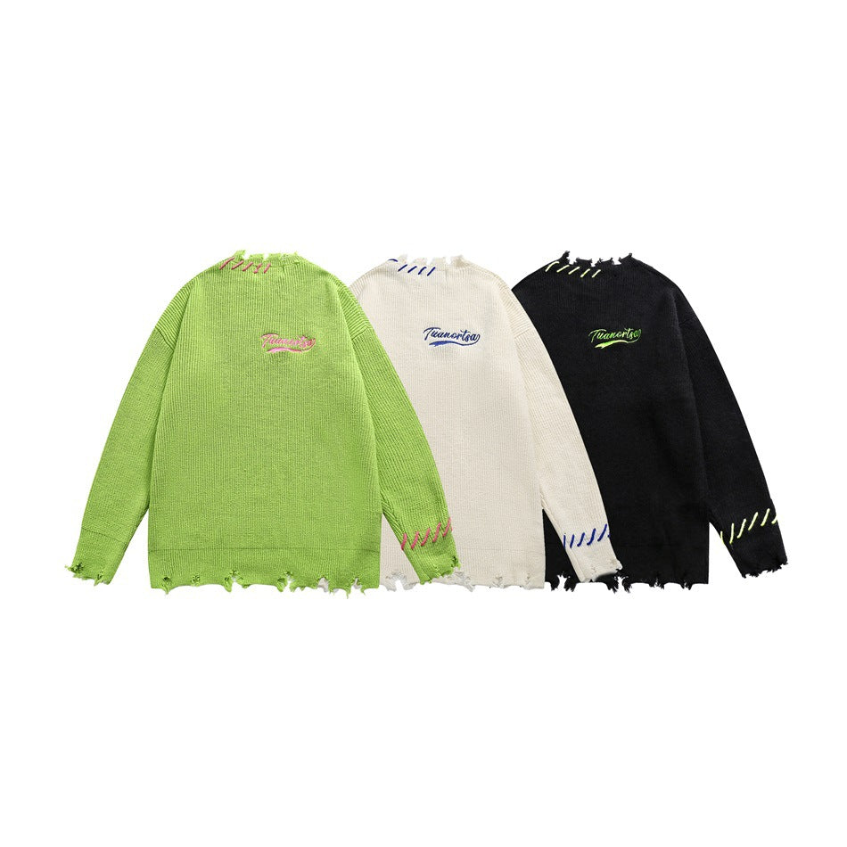 Three rear-view sweaters in lime green, cream, and black, each with contrasting stitched accents and script embroidery.