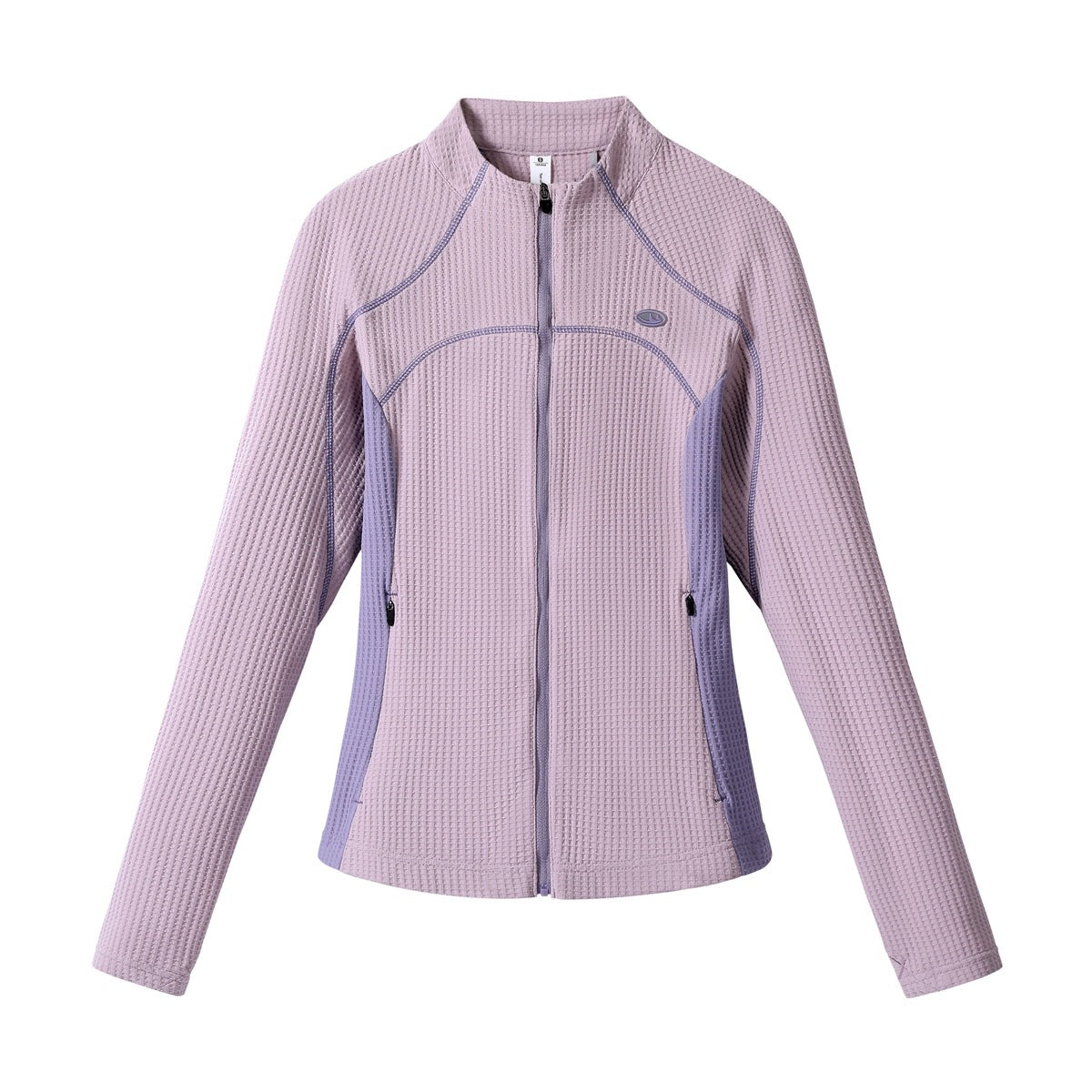 Purple pink waffle-textured full-zip jacket with lavender side panels and stitching, flat front view