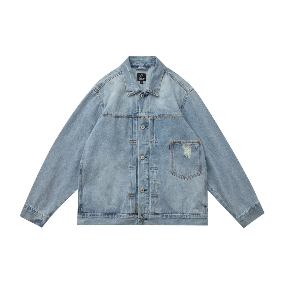 Light-blue washed denim jacket, front flat lay, with button front, chest pocket and distressed details