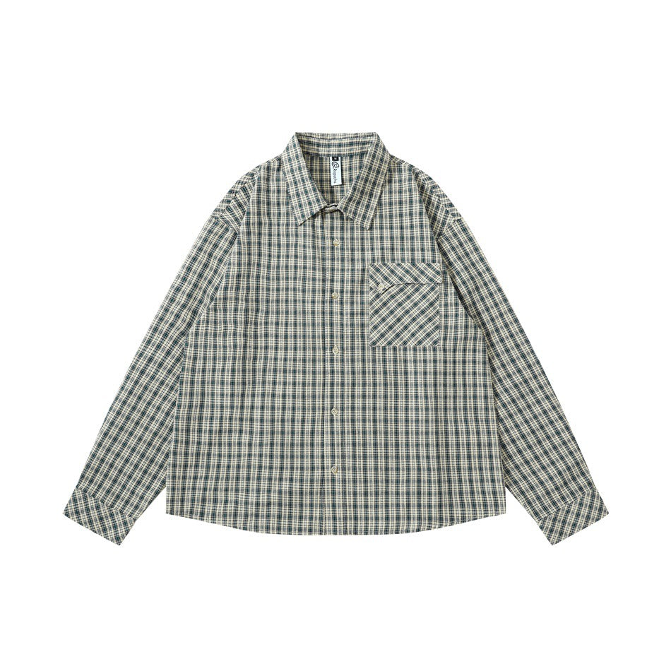 Green and cream plaid long-sleeve button-up shirt with chest pocket, flat lay front view