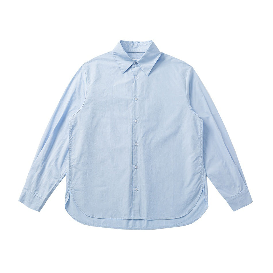 Light blue long-sleeve button-front shirt with pointed collar and curved hem, flat lay front view