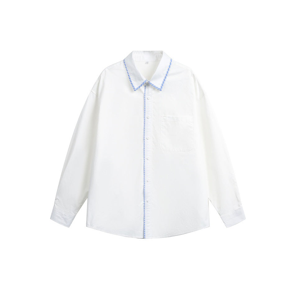 White long-sleeve button-up shirt with blue striped trim on collar and placket, chest pocket, flat front view