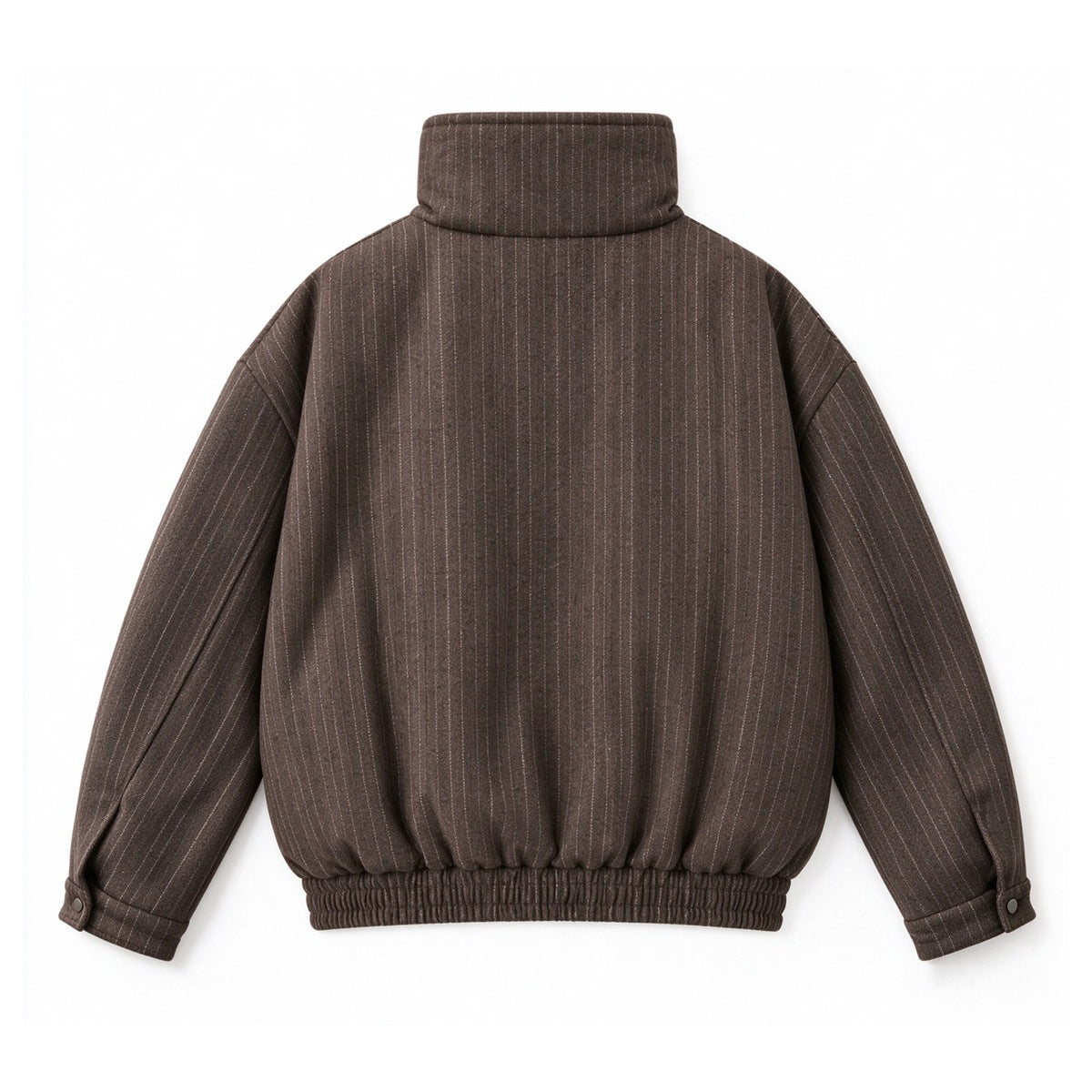 Dark brown pinstripe jacket shown from the back, with a high collar, elastic hem and snap cuffs.