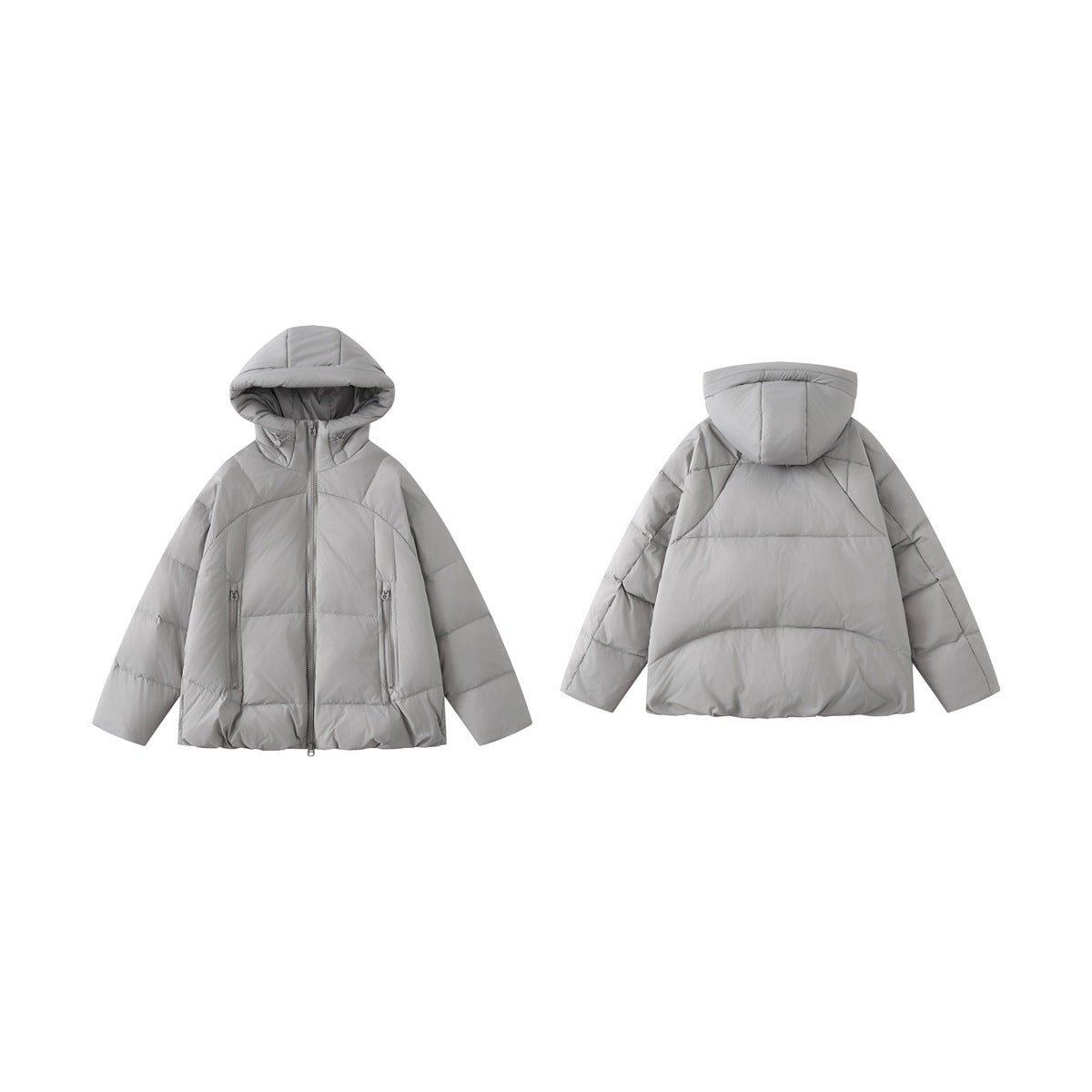 Light gray hooded padded jacket shown from the front and back, with long sleeves and zip pockets.
