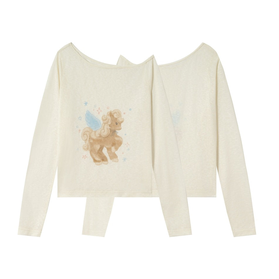 Ivory long-sleeve shirt shown from the front with a winged pony graphic and from the back with a plain design.
