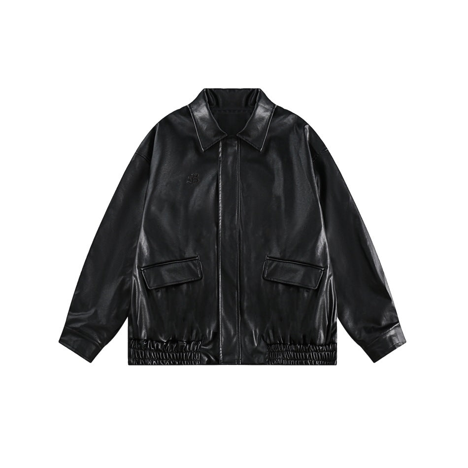 Black glossy faux-leather jacket with collar, front placket, two flap pockets and gathered hem, flat lay front view