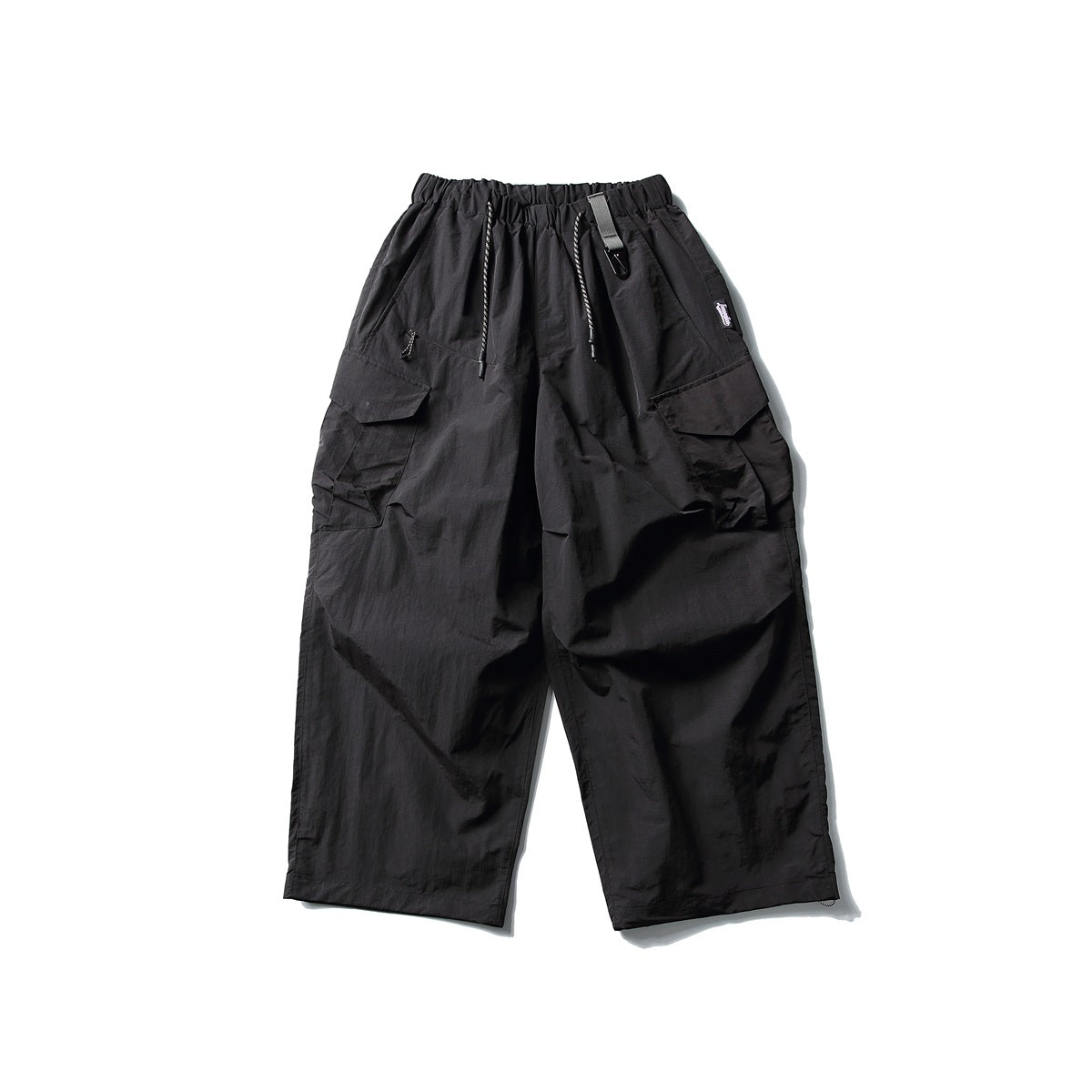 Black wide-leg cargo pants with an elastic drawstring waist, large flap pockets and straight hems.
