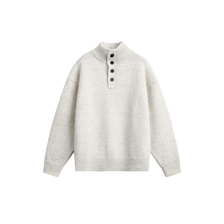 Cream speckled knit pullover sweater with stand collar and four-button placket, flat front view