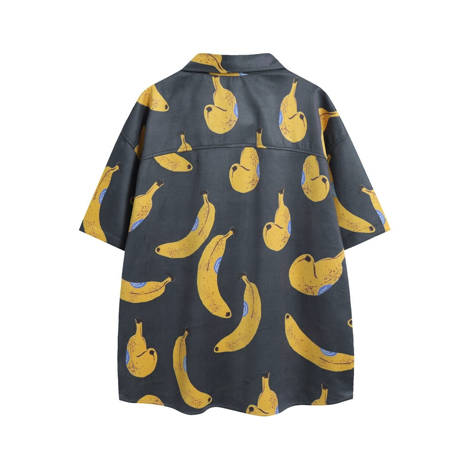 Back view of a short-sleeve button-up shirt in charcoal gray with an all-over yellow banana print.