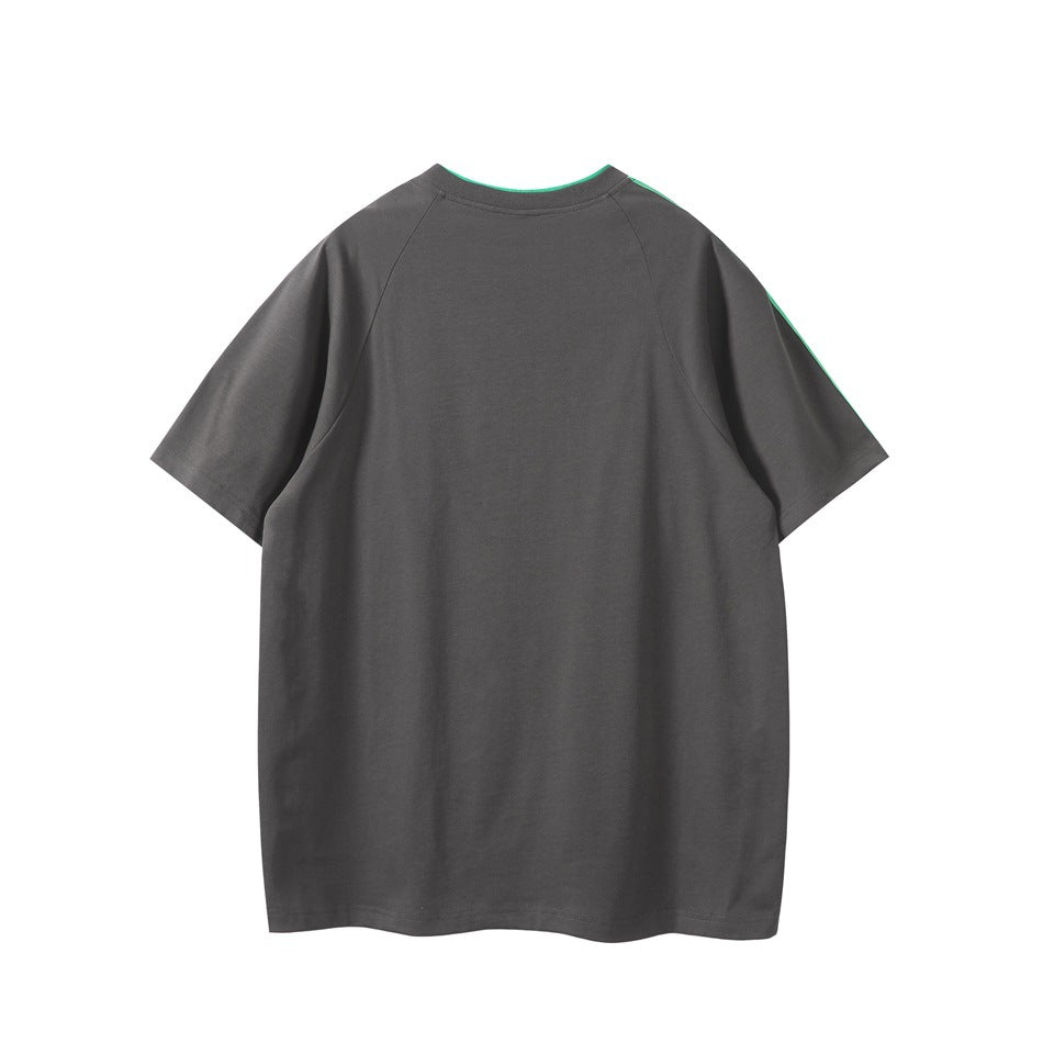 Dark gray raglan T-shirt back view with green trim visible at the collar and shoulder, plain back