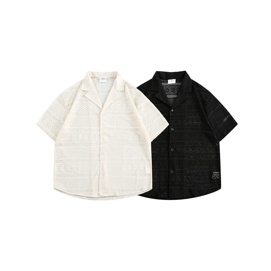 Cream and black short-sleeve collared button-front shirts shown from the front, with patterned openwork fabric.