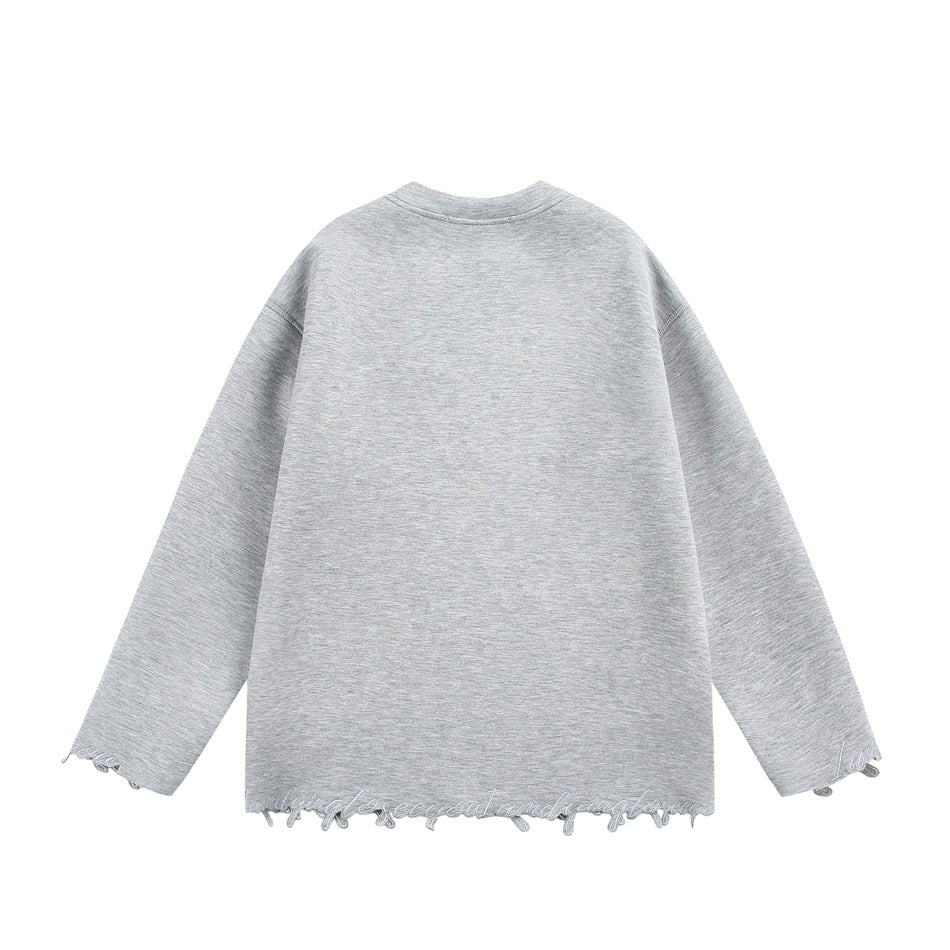 Heather gray crew-neck sweatshirt, back flat lay, with frayed embroidered loop trim at hem and cuffs