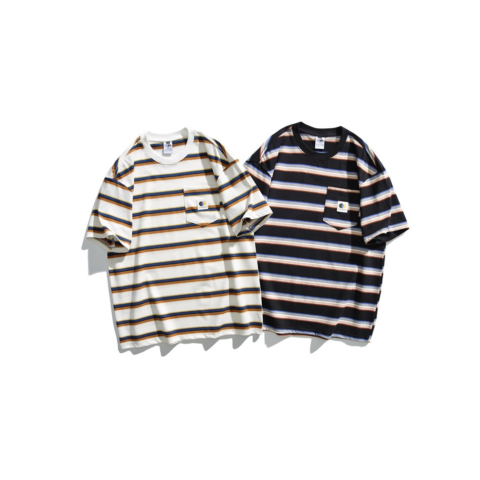 Two short-sleeve striped pocket T-shirts displayed together: one white and one black.