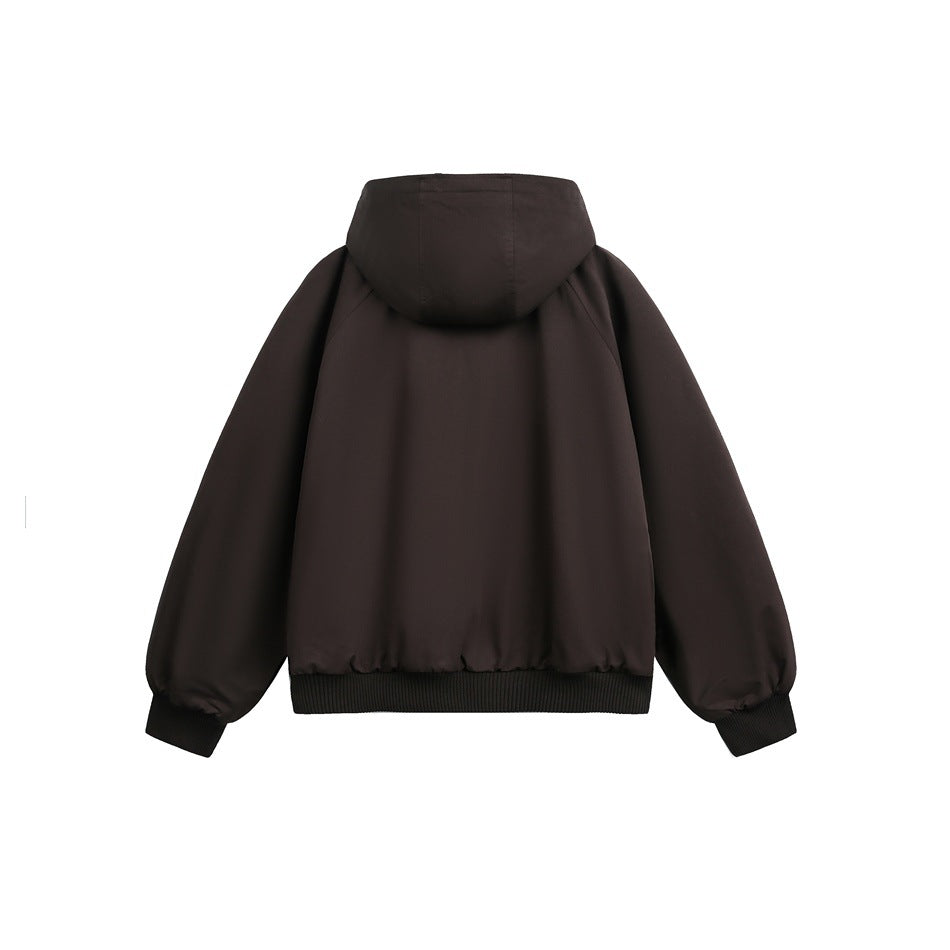 Back view of a dark brown hooded jacket with smooth fabric and ribbed cuffs and hem.