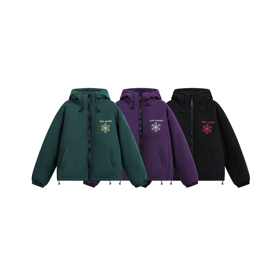 Three hooded zip jackets shown together in dark teal, plum, and black, each with chest snowflake graphics.