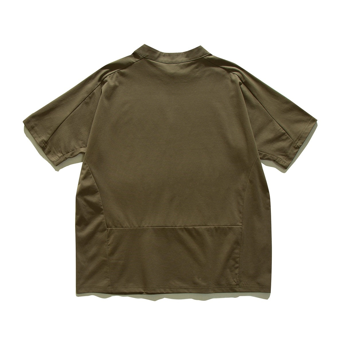 Back view of an olive short-sleeve shirt with a short stand collar and panel seams.