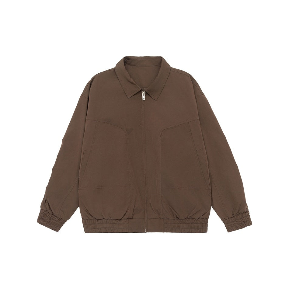 Brown collared zip-front jacket flat lay with curved front seams and elastic cuffs and hem