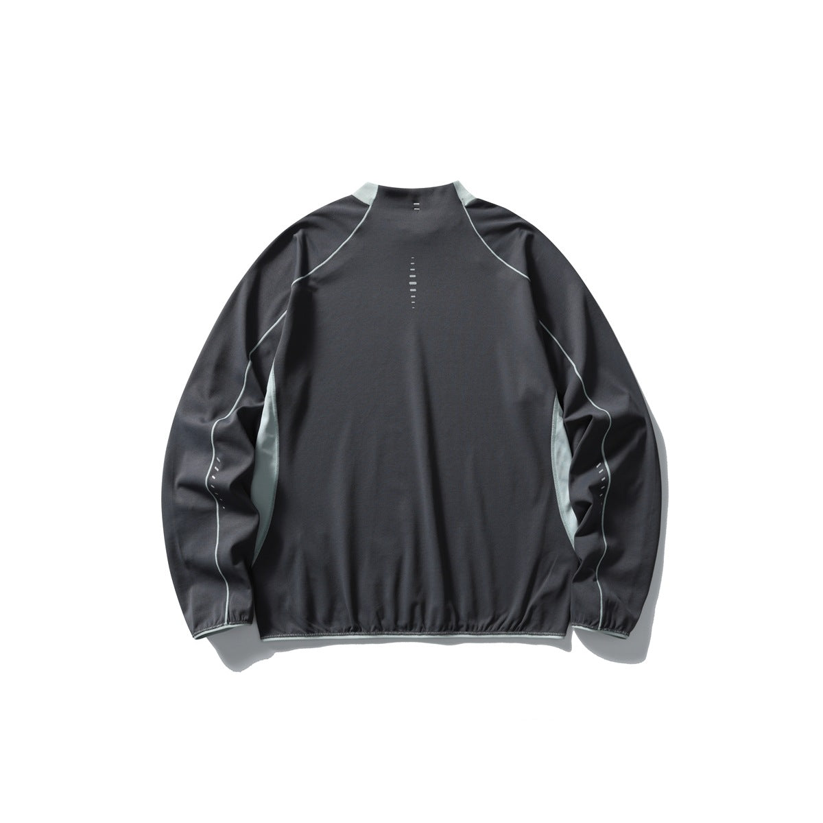 Back view of a charcoal long-sleeve pullover with a high collar, pale mint piping and side panels.