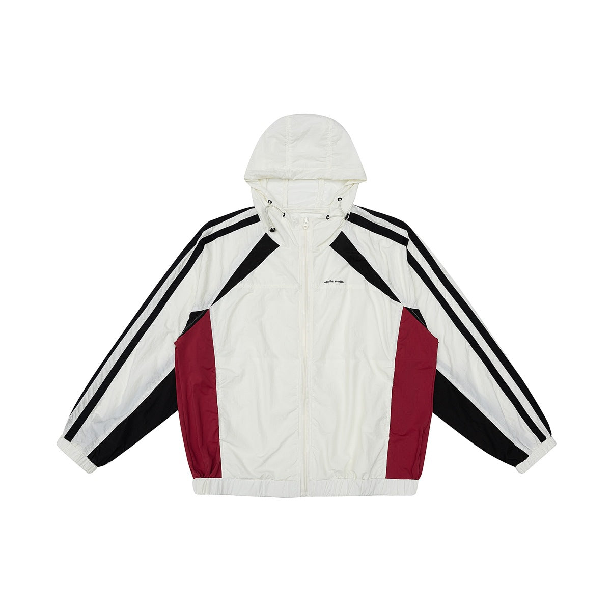 Off-white hooded zip jacket with black sleeve stripes, black shoulder panels and burgundy side panels, flat lay front view