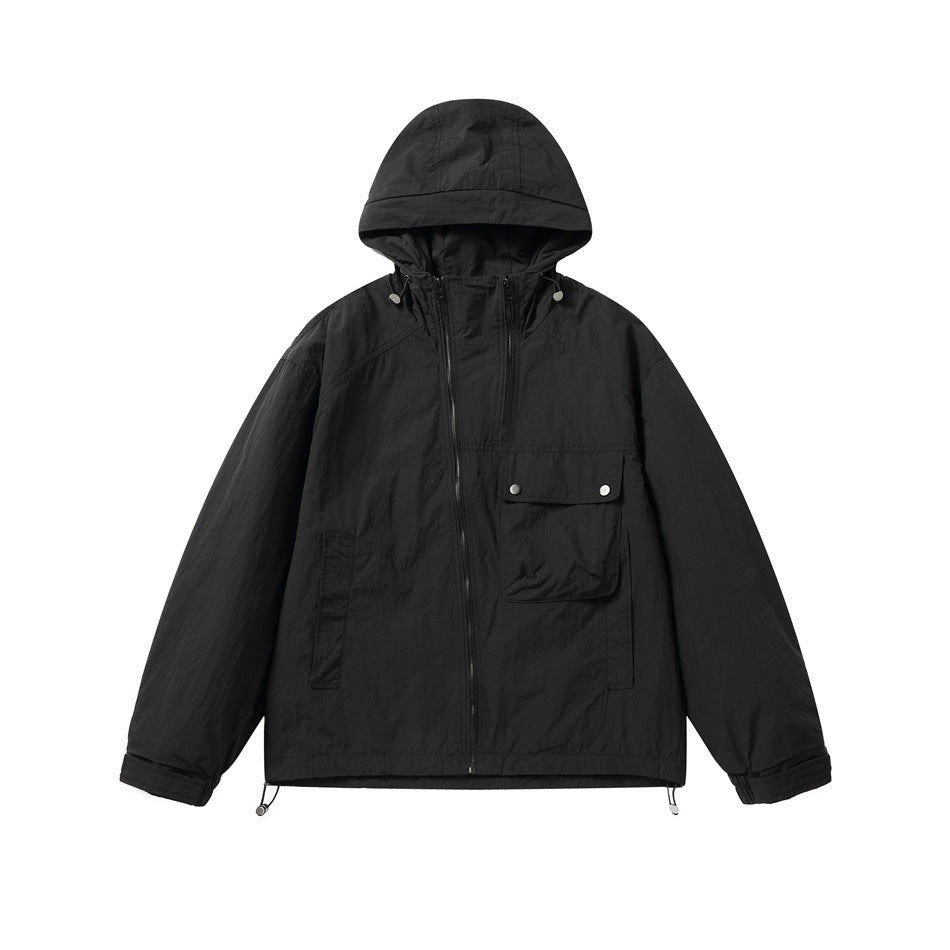 Black hooded zip jacket with chest flap pocket and drawcord hem, flat front view