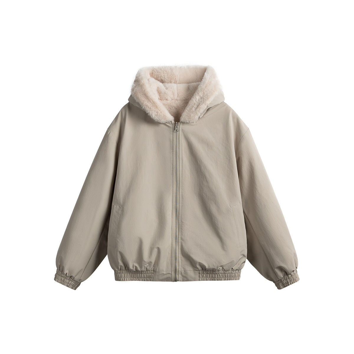 Light taupe-beige hooded zip jacket with cream plush hood lining, side pockets and elastic cuffs, flat front view