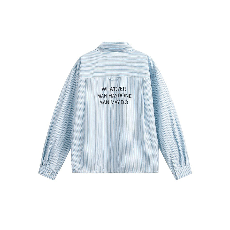 Rear view of a blue-and-white striped long-sleeve shirt with black lettering across the upper back.