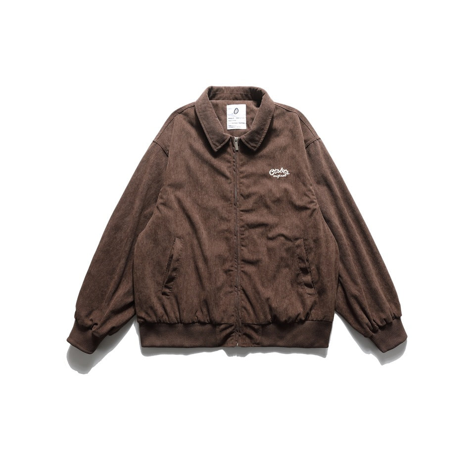 Brown corduroy-look zip-front jacket with turn-down collar, ribbed cuffs and hem, and white embroidery on left chest