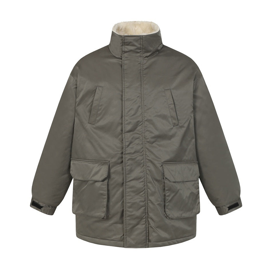 Olive green stand-collar padded jacket, front view, with cream fleece-like collar lining and large flap pockets