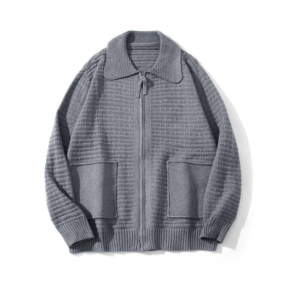 Gray textured knit zip-up cardigan with spread collar and two patch pockets, flat lay front view
