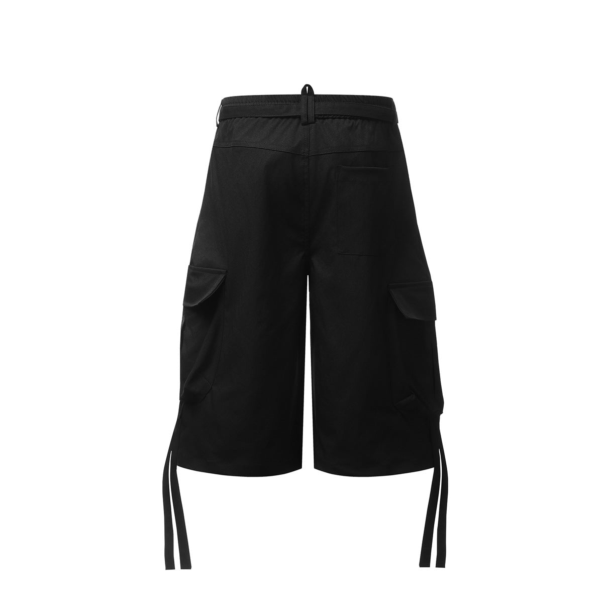 Back view of black wide-leg cargo shorts with a rear patch pocket, flap side pockets and long hem straps.