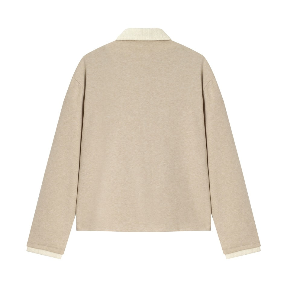 Back view of a beige long-sleeved jacket with a cream ribbed collar and matching cuff trim.