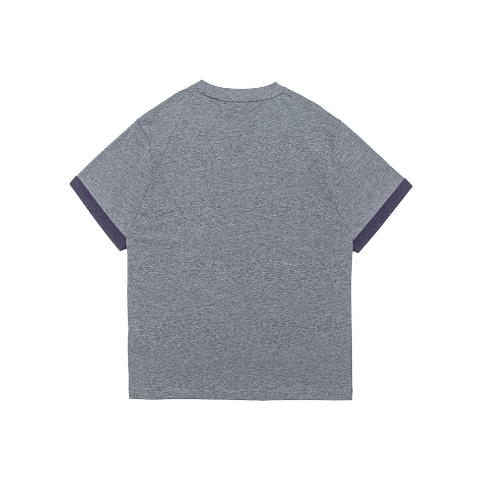 Back view of a plain heather gray short-sleeve crew-neck T-shirt with dark purple sleeve cuffs.