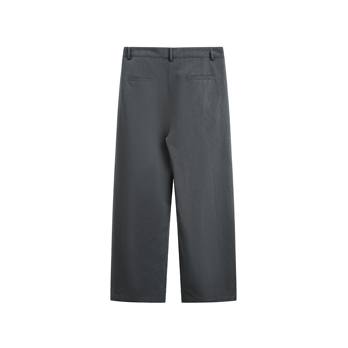Charcoal-gray wide-leg trousers shown from the back, with belt loops and two welt pockets on a white background.
