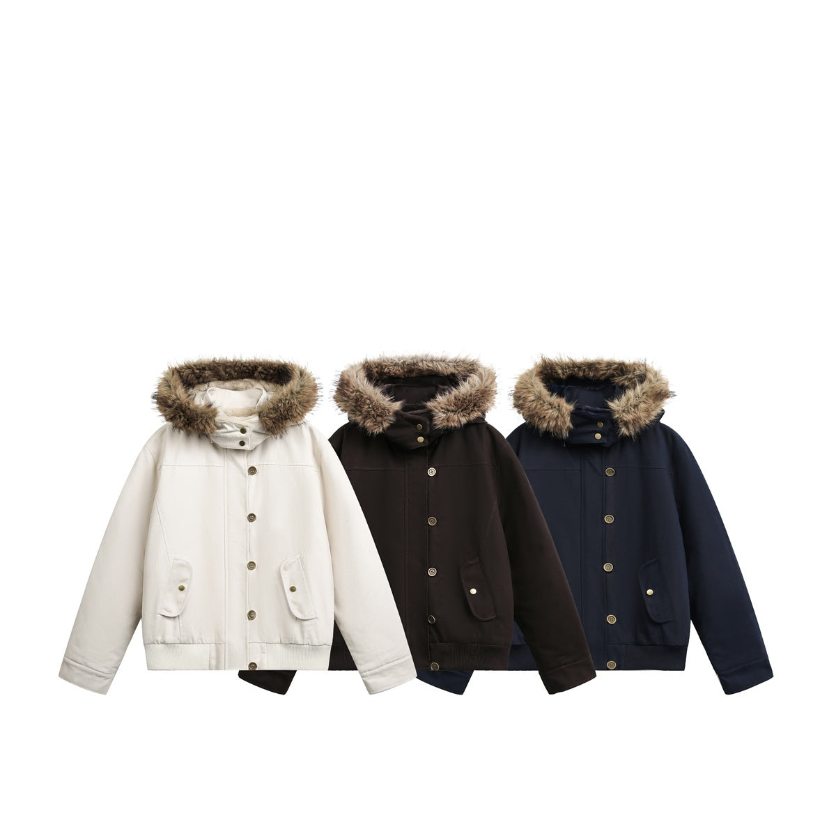 Three hooded jackets with tan fur trim shown together in ivory, dark brown, and navy.