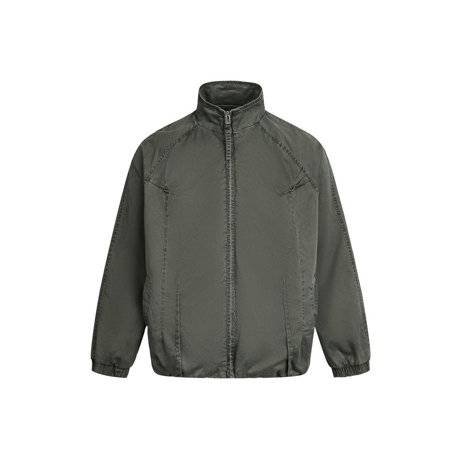 Green washed stand-collar zip jacket with raglan sleeves, elastic cuffs and banded hem, front view