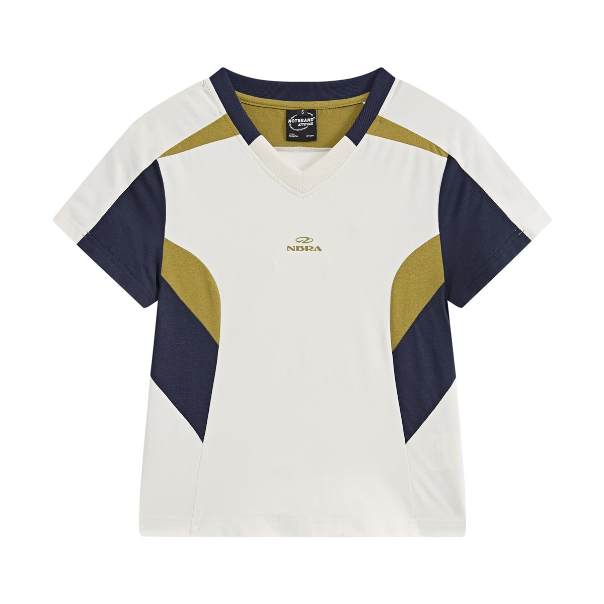 Cream V-neck short-sleeve tee with navy sleeves, navy collar trim and olive color-block panels, front view